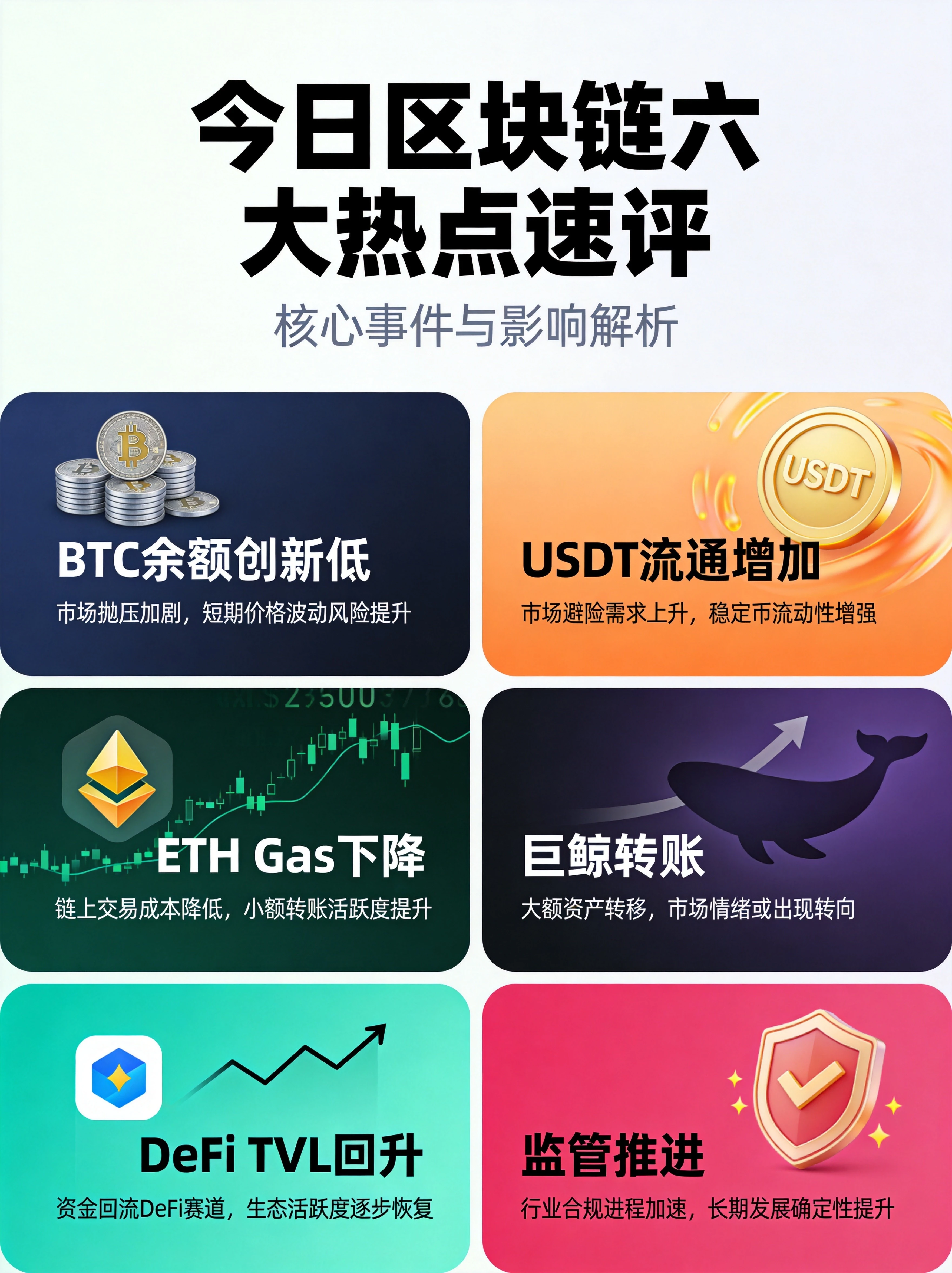 今日区块链六大热点速评信息图，BTC余额新低、ETH Gas下降、DeFi TVL回升、USDT流通增加、巨鲸转账、监管推进展示
