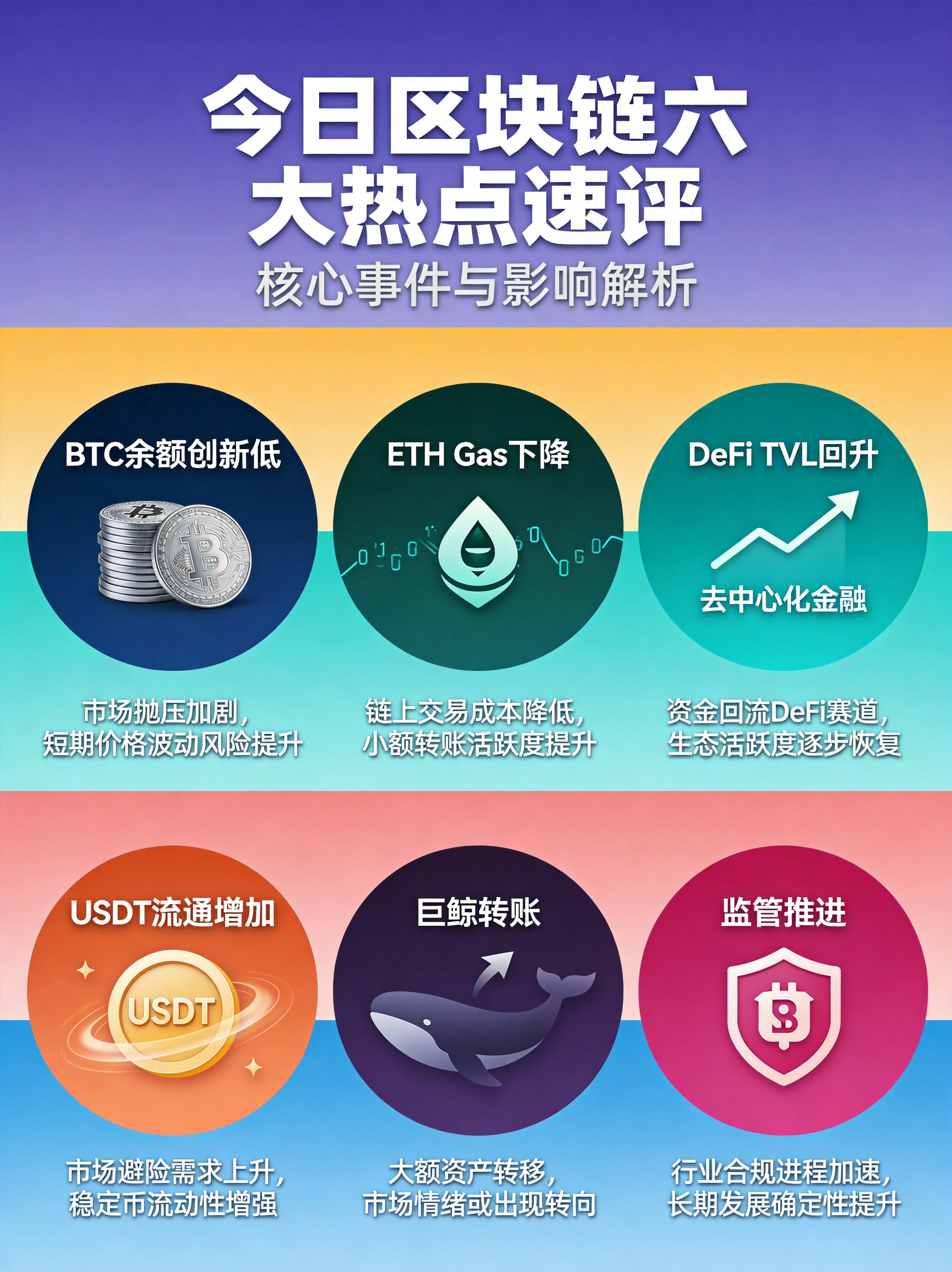  区块链五大领域热点概览图，比特币链上数据、以太坊生态、DeFi领域、NFT市场、政策监管五板块核心信息展示
